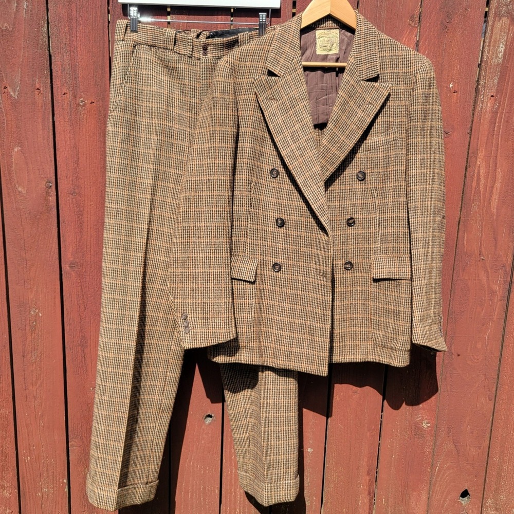 Vintage 30s Harris & Lewis Island Tweed 2 Piece Suit Brown Houndstooth Academia